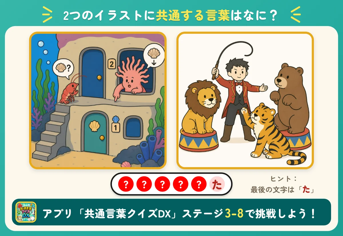 2つのイラストと6個の丸。共通する言葉を当てる問題。