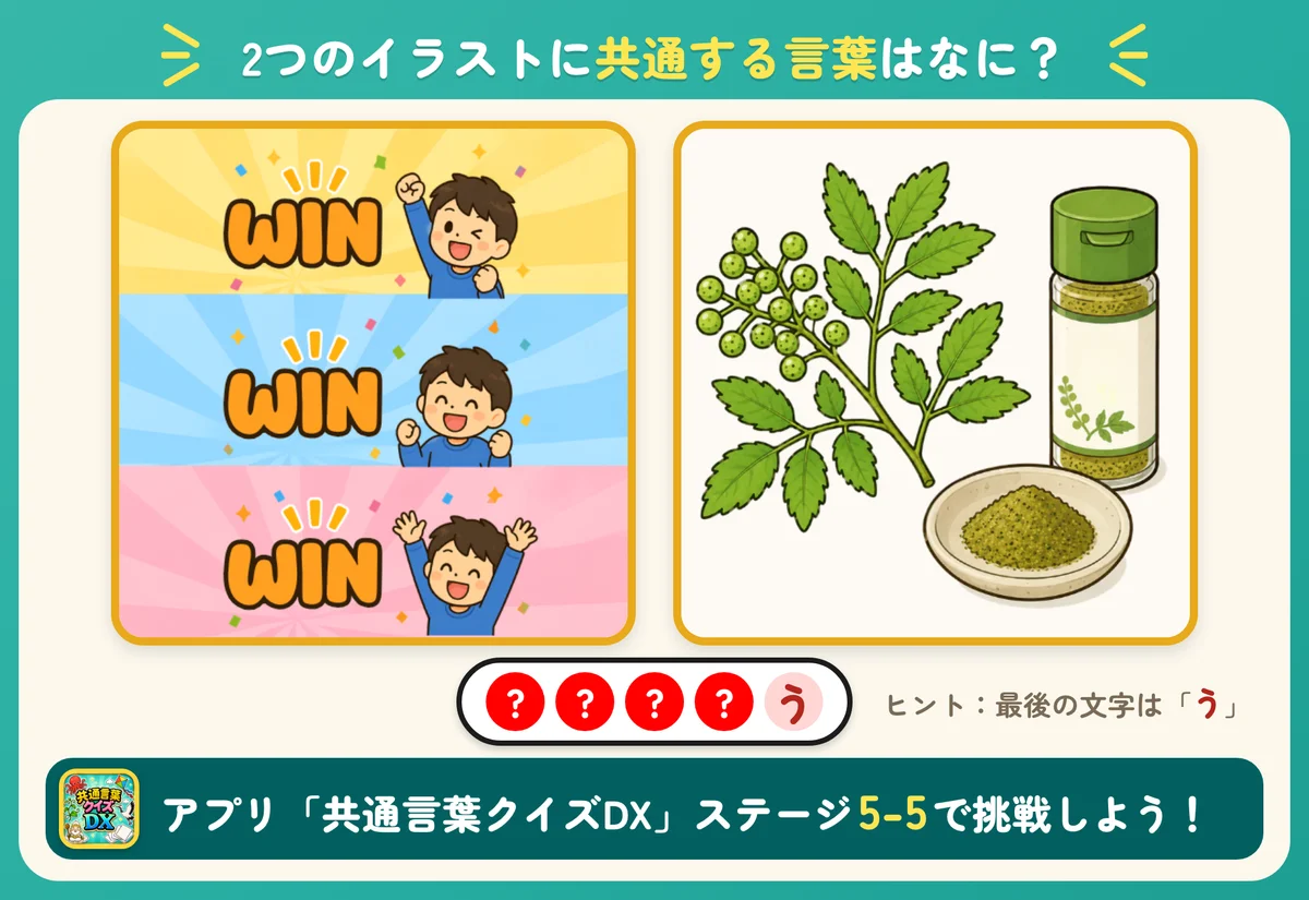 2つのイラストと5個の丸。共通する言葉を当てる問題。