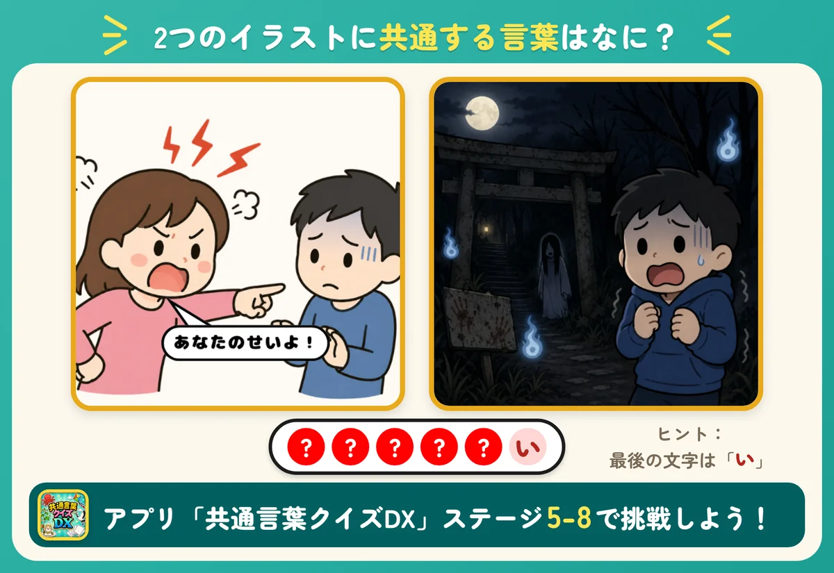 2つのイラストと6個の丸。共通する言葉を当てる問題。